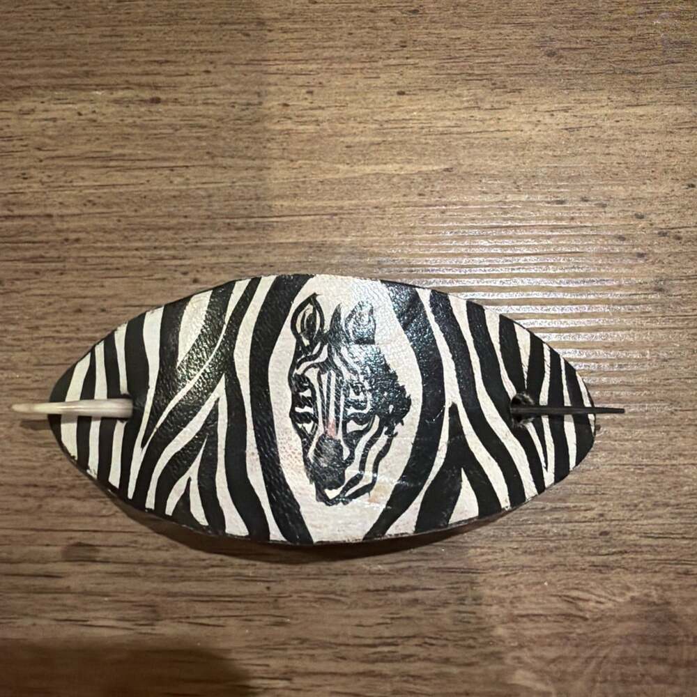 VTG Leather Hair Slide Stick Barrette Zebra Print Bone Hair Pick